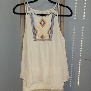 White Sleeveless Top with Blue and Orange Embroidery